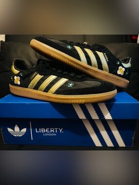 adidas Samba Shoes in Black with Gold Stripes and flower embroidery